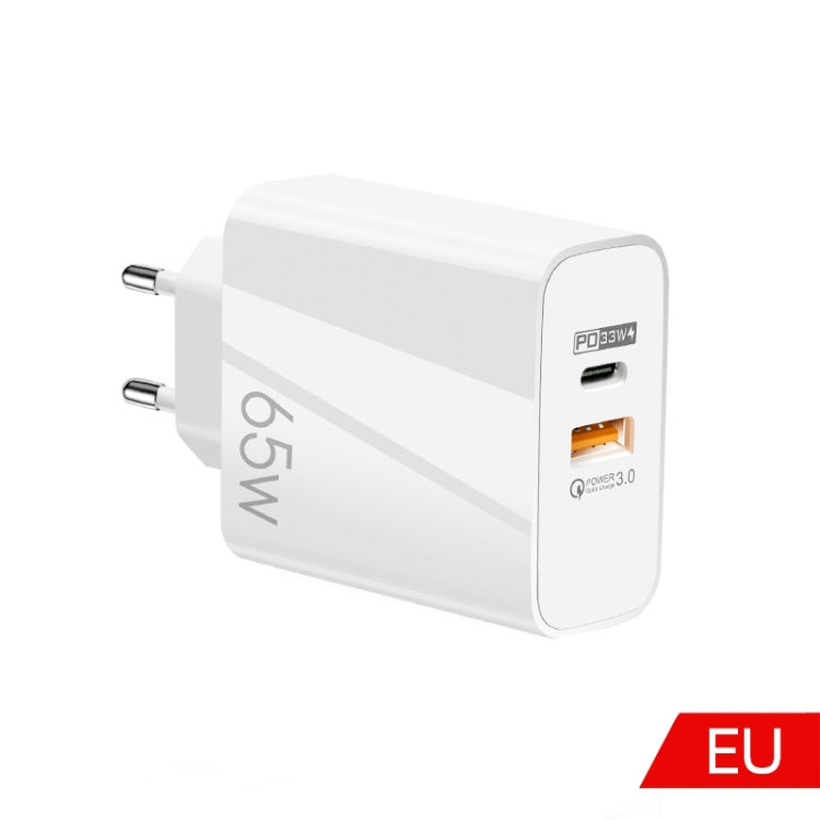 A502 65W USB-C/Type-C+USB デュアルポート GaN チャージャー QC3.0 ノートパソコン用ユニバーサル充電器、EUプラグ ブラック、EUプラグ ホワイト、USプラグ ブラック、USプラグ ホワイト、UKプラグ ブラック、UKプラグ ホワイト