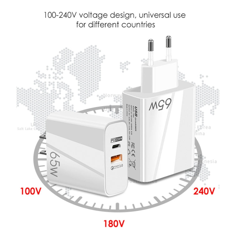 A502 65W USB-C/Type-C+USB デュアルポート GaN チャージャー QC3.0 ノートパソコン用ユニバーサル充電器、EUプラグ ブラック、EUプラグ ホワイト、USプラグ ブラック、USプラグ ホワイト、UKプラグ ブラック、UKプラグ ホワイト