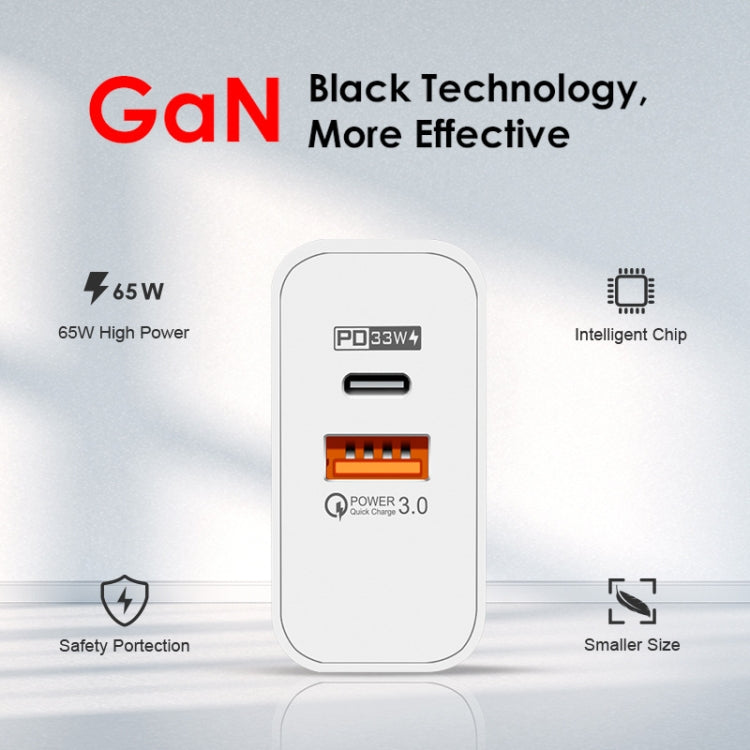 A502 65W USB-C/Type-C+USB デュアルポート GaN チャージャー QC3.0 ノートパソコン用ユニバーサル充電器、EUプラグ ブラック、EUプラグ ホワイト、USプラグ ブラック、USプラグ ホワイト、UKプラグ ブラック、UKプラグ ホワイト