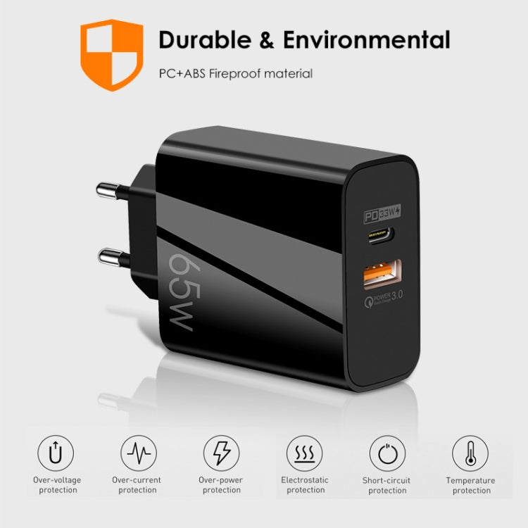 A502 65W USB-C/Type-C+USB デュアルポート GaN チャージャー QC3.0 ノートパソコン用ユニバーサル充電器、EUプラグ ブラック、EUプラグ ホワイト、USプラグ ブラック、USプラグ ホワイト、UKプラグ ブラック、UKプラグ ホワイト