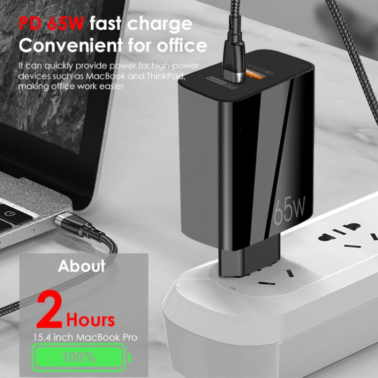 A502 65W USB-C/Type-C+USB デュアルポート GaN チャージャー QC3.0 ノートパソコン用ユニバーサル充電器、EUプラグ ブラック、EUプラグ ホワイト、USプラグ ブラック、USプラグ ホワイト、UKプラグ ブラック、UKプラグ ホワイト