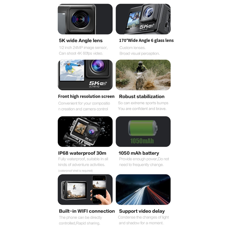 5K/30FPS WIFI HD手ぶれ防止リモートタッチデュアルスクリーンIP68防水スポーツカメラ、5K、5Kカメラ＋64Gカード、5Kカメラ＋128Gカード