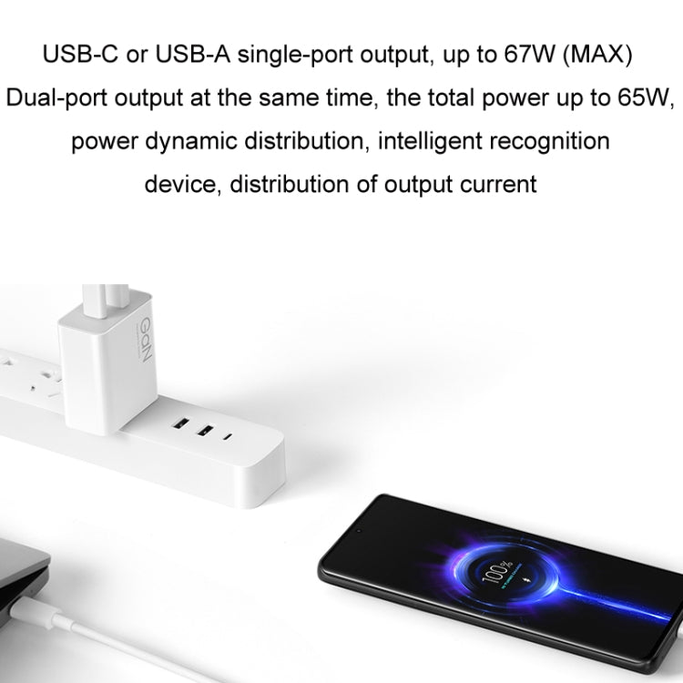 オリジナル Xiaomi 67W GaN 1C+1A デュアルポート スマート急速充電器、USプラグ、MDY-14