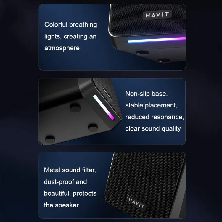 Havit A20 Plus カラフルアンビエントライト 有線コンピューターオーディオステレオサラウンドサウンドスピーカー、ブラック、Bluetoothバージョン
