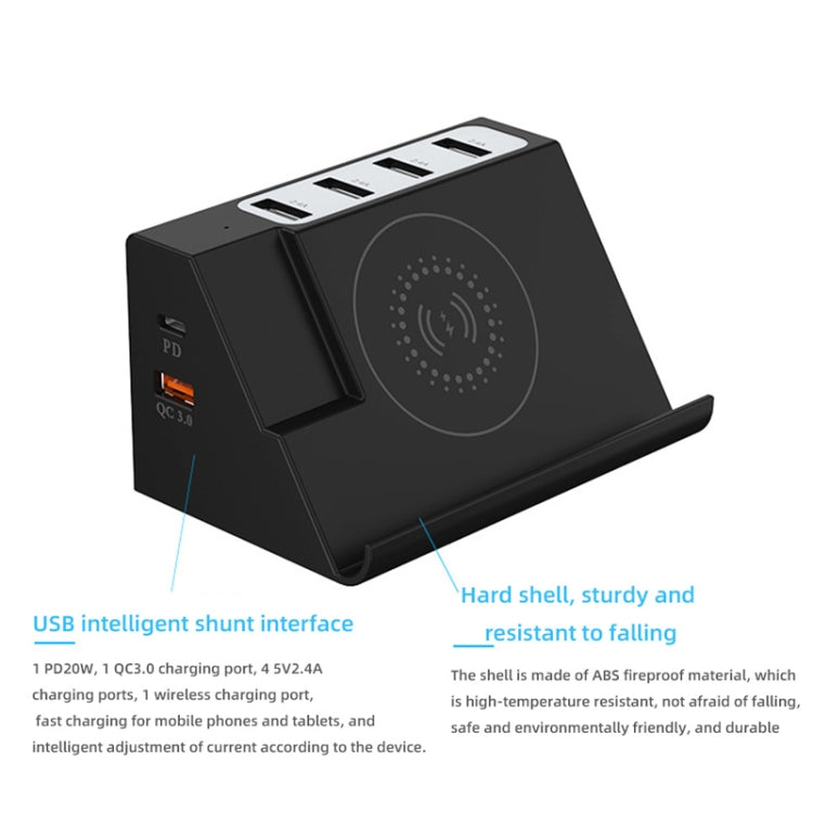 PD 20W + QC 3.0 ワイヤレス充電 + 6ポート多機能充電器、ブラック