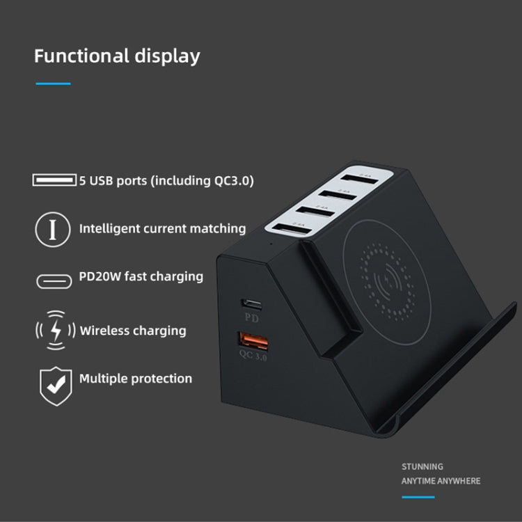 PD 20W + QC 3.0 ワイヤレス充電 + 6ポート多機能充電器、ブラック