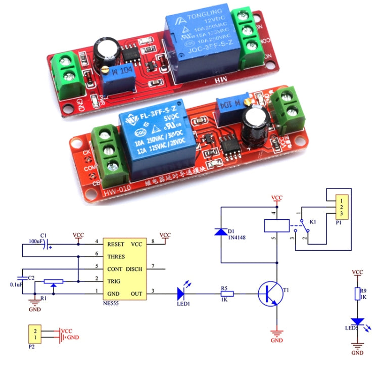 NE555 タイムリレーシールド タイミングリレー タイマー制御スイッチ 車用リレー、5V、12V