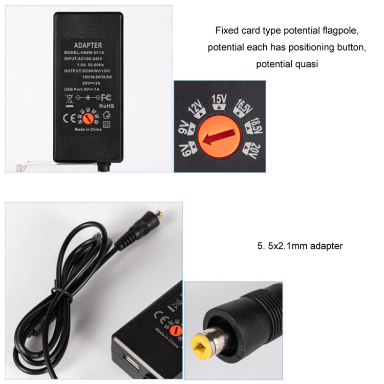 65W 6-20V 調整可能 3A DC電源アダプター充電器、USプラグ、EUプラグ、UKプラグ小型、AUプラグ、UKプラグ大型