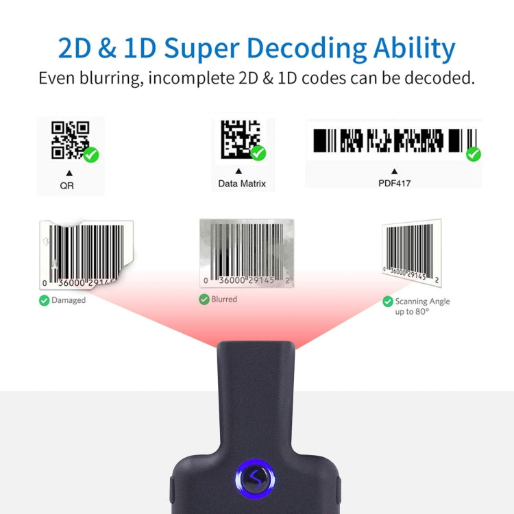 HC101D 2D Bluetoothバーコードスキャナー ワイヤレスバッククリップ電話バーコードリーダー、2D中央、2D側面