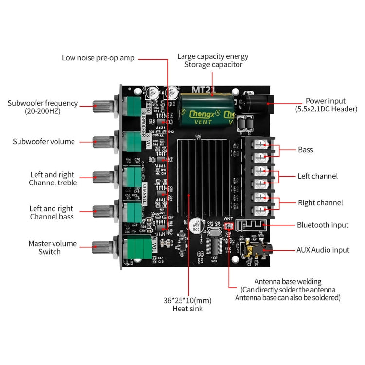 ZK-MT21 50W x 2+100W 2.1チャンネルBluetoothデジタルアンプモジュール、ZK-MT21