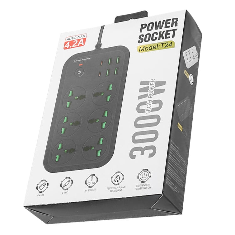 T24 2m 3000W 6プラグ + PD + 4 USBポート 多機能 耐火ソケット スイッチ付き、UKプラグ、USプラグ