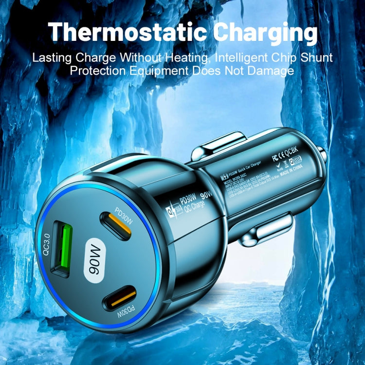 90W Super Fast Charging USB-C Car Charger Dual PD 30W+QC3.0 Charging Station, Black, White