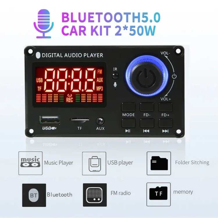 100W 12V TPA3116 カラースクリーン パワーアンプ Bluetooth デコーダーボード 録音通話対応、シリコンリモコン、小型シリコンリモコン、小型リモコン