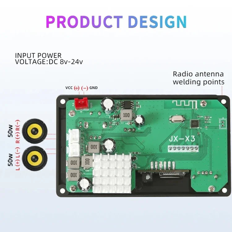 100W 12V TPA3116 カラースクリーン パワーアンプ Bluetooth デコーダーボード 録音通話対応、シリコンリモコン、小型シリコンリモコン、小型リモコン