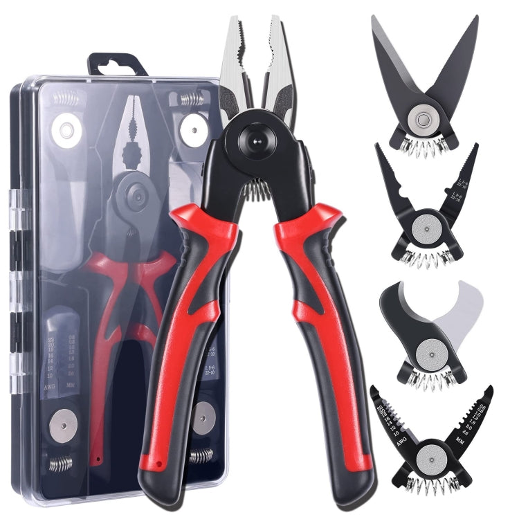 5-in-1コンビネーション交換可能ヘッドペンチキット 一般修理用ドライバー付きペンチ、レッドブラック、ホワイトブラウン