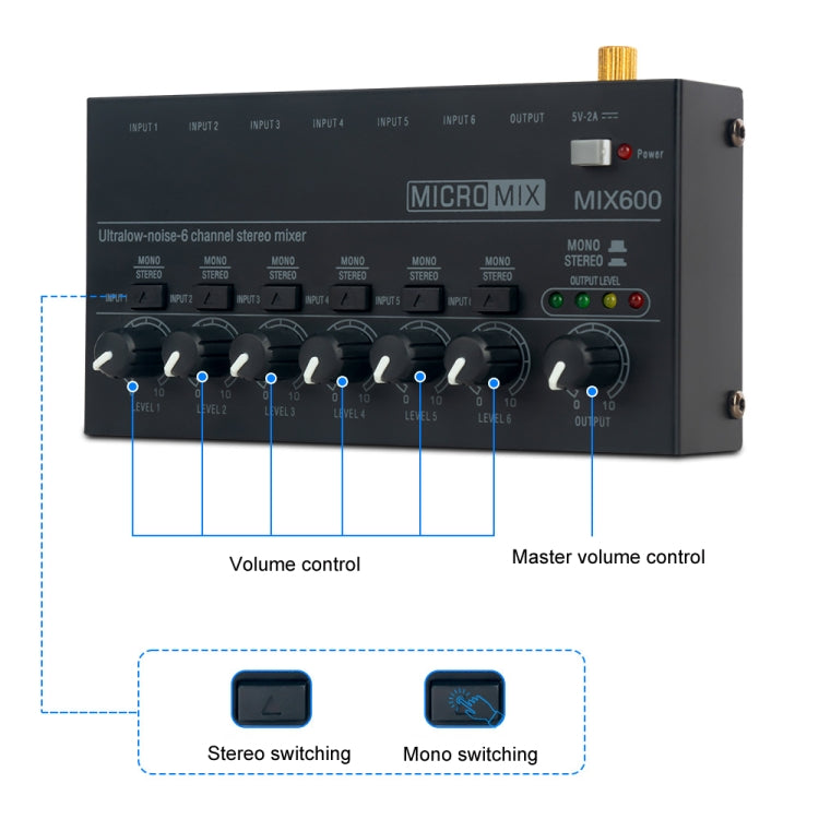 超コンパクト低ノイズ6チャンネルステレオオーディオミキサー、USプラグ、MIX600