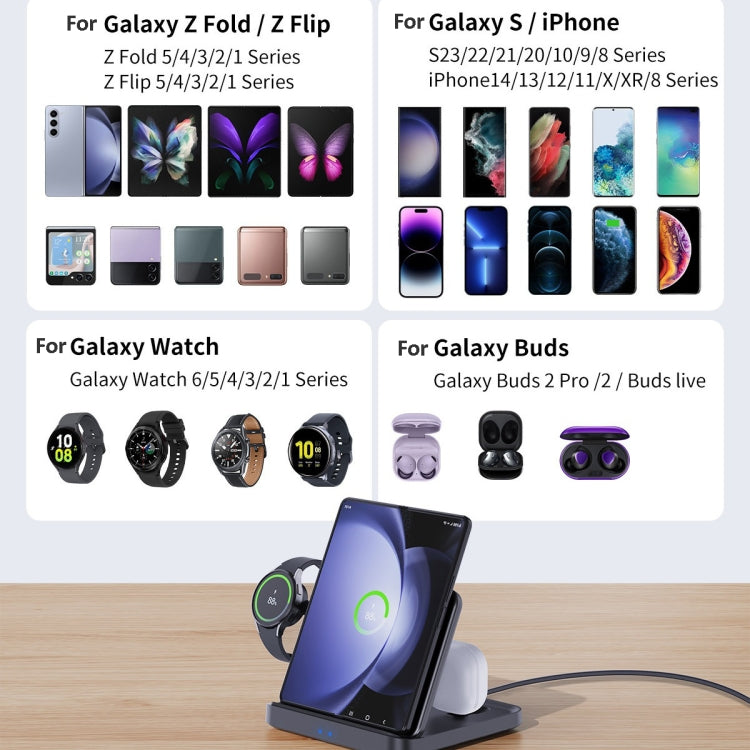 3イン1 ワイヤレス充電器 Samsung Galaxy Z Fold モバイルフォン イヤホン & スマートウォッチ対応、F16A