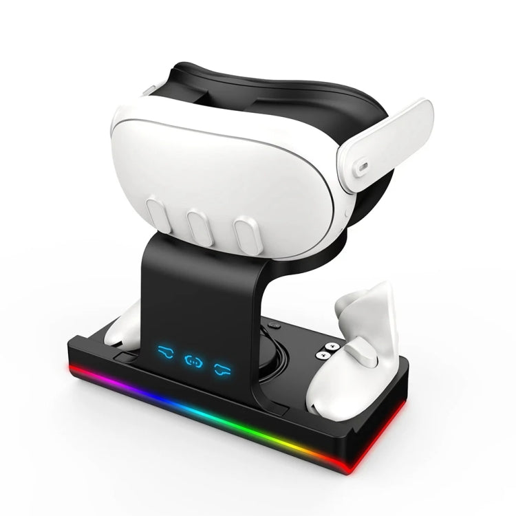 Meta Quest 3ヘッドセット充電ベース きらめきライト付きVRグリップ充電スタンド, ホワイト, ブラック