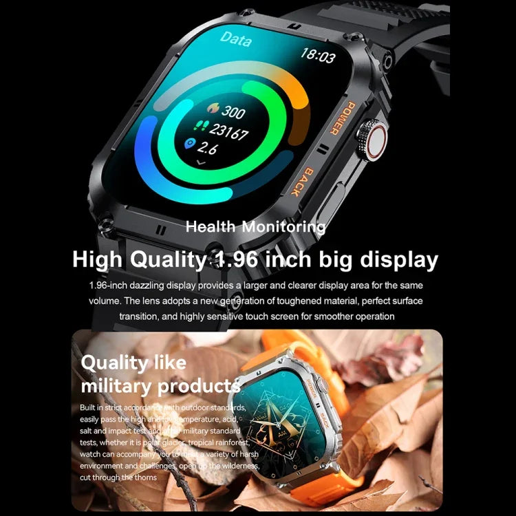 K57 Pro 1.96インチ Bluetooth通話 音楽 天気表示 防水スマートウォッチ、ブラック、オレンジ、ブラックレザー、シルバーレザー、ブラックスチール、シルバースチール、ブラック三連、シルバー三連、ブラックバンブー、シルバーバンブー