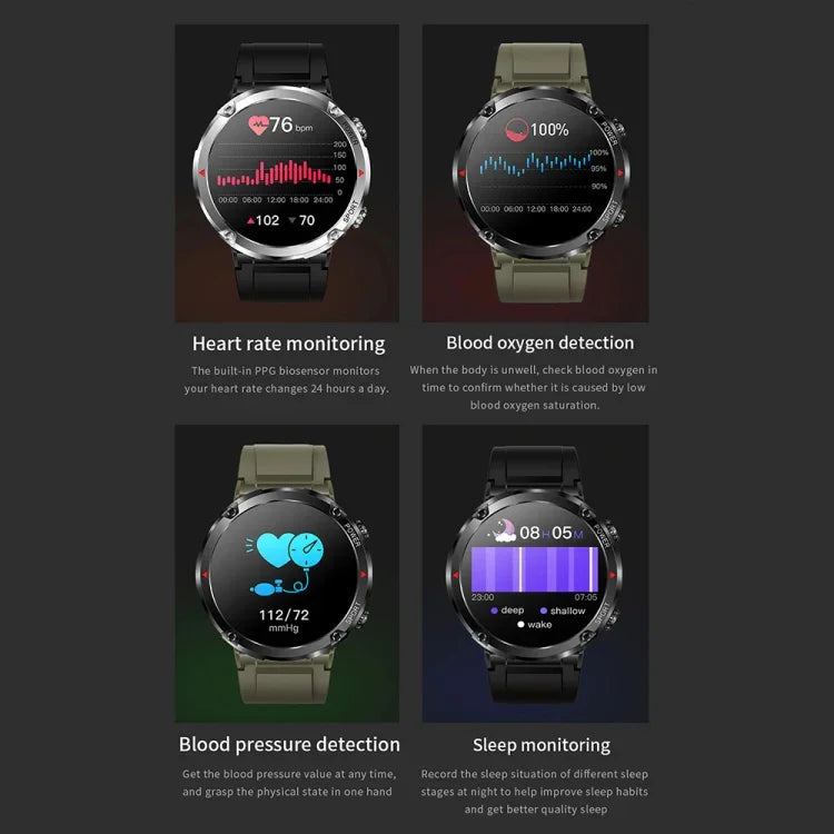 T30 1.6インチ アウトドアスポーツ防水スマート音楽 Bluetooth通話ウォッチ、ブラック、ダークグリーン、ブラックスチール+シリコン、ブラックネット+シリコン
