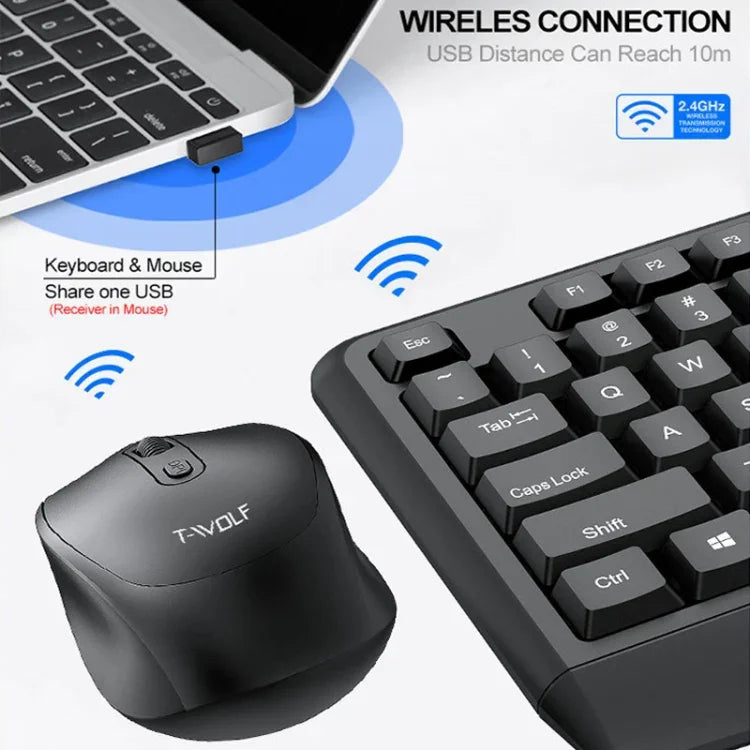 T-WOLF TF-100 2.4G Bluetoothノートパソコンオフィスワイヤレスキーボード＆マウスセット、TF-100（ブラック）