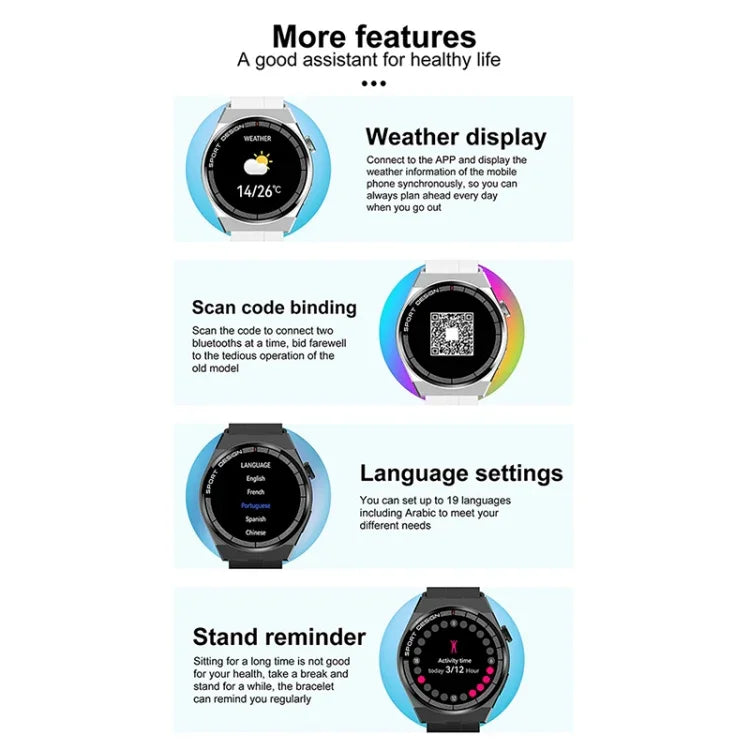 GT3Pro 1.28インチ ヘルスモニタリング Bluetooth通話 スマートウォッチ NFC対応、ブラックシリコン、シルバーシリコン、ブラックレザー、ブラウンレザー、ブラックスチール、シルバースチール、ブラック三連スチール、シルバー三連スチール