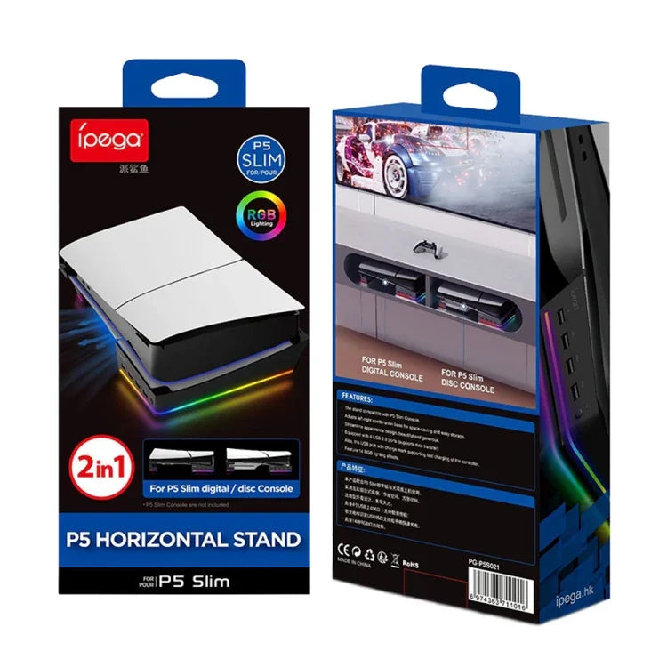 Sony PS5 Slim IPEGA PG-P5S021 RGBライト搭載 ホスト用横置きスタンド 4 USBハブ付き、ホワイト