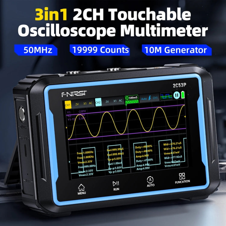 FNIRSI 2C53Pデュアルチャネルフラットパネルデジタルオシロスコープマルチメーター信号発生器3イン1、2C53P