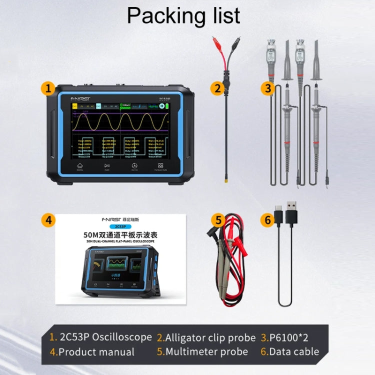 FNIRSI 2C53Pデュアルチャネルフラットパネルデジタルオシロスコープマルチメーター信号発生器3イン1、2C53P