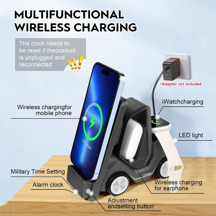 T20 5-in-1 車型デスクトップアラームクロック ワイヤレス充電器 大気ライト付き ホワイト、グレー、イエロー、オレンジ