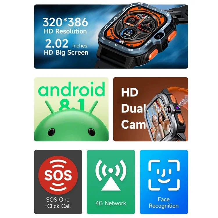 LOKMAT APPLLP 4 MAX 2.02インチ Android 8.1 フルネットワーク Wi-Fi カード Bluetoothスマートウォッチ、4G+64G（シルバー）、4G+64G（ネイビーブルー）