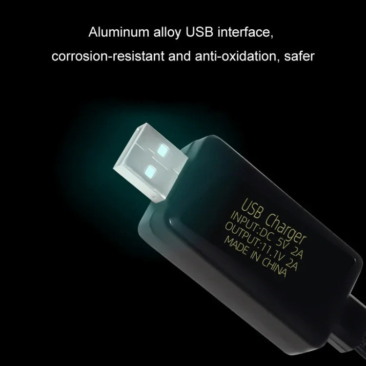 11.1V 2A 3S リチウムバッテリー USB充電器 ライト付き、4ピンプラグ