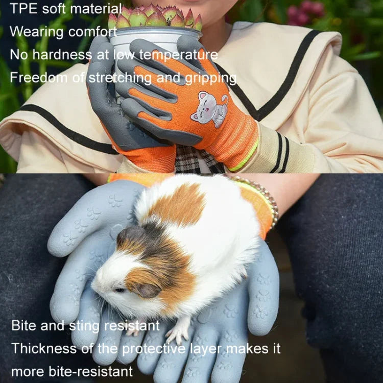 1ペア TPE製子供用キャラクターグローブ ハムスター・オウム柄 ひっかき防止・噛みつき防止 学生用園芸保護滑り止め耐摩耗グローブ, S オレンジ, S ブルー, S イエロー, M オレンジ, M ブルー, M イエロー, L オレンジ