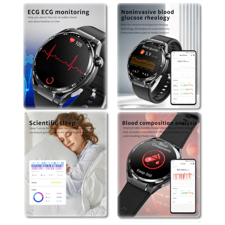 F200 スマート健康ウォッチ ECG心電図 血糖値モニタリング 1.55インチラウンドスクリーン、ブラックシリコン、ブラックレザー、ブラックブラウンレザー、ブラックミラン、ブラック3ビーズスチール、ブラックバンブー、ブラックグレーシリコン