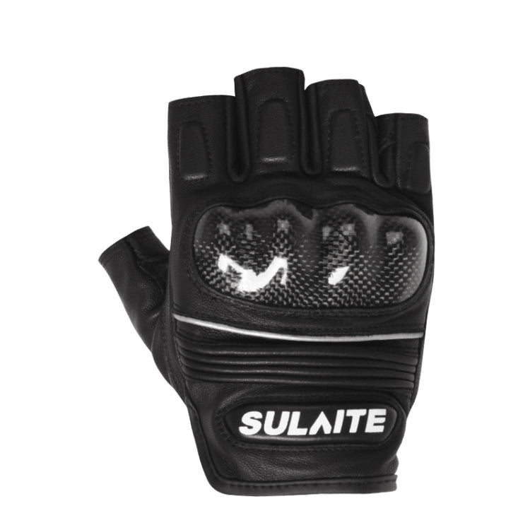 SULAITE モーターサイクル用シープスキンカーボンファイバー通気性ハーフフィンガーライディンググローブ, M, L