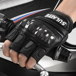 SULAITE モーターサイクル用シープスキンカーボンファイバー通気性ハーフフィンガーライディンググローブ, M, L