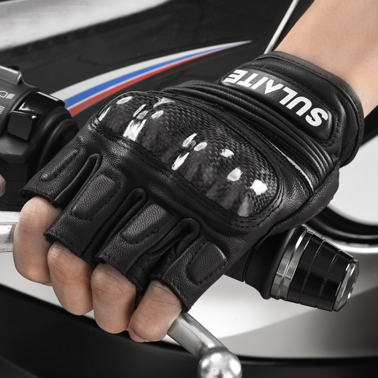 SULAITE モーターサイクル用シープスキンカーボンファイバー通気性ハーフフィンガーライディンググローブ, M, L
