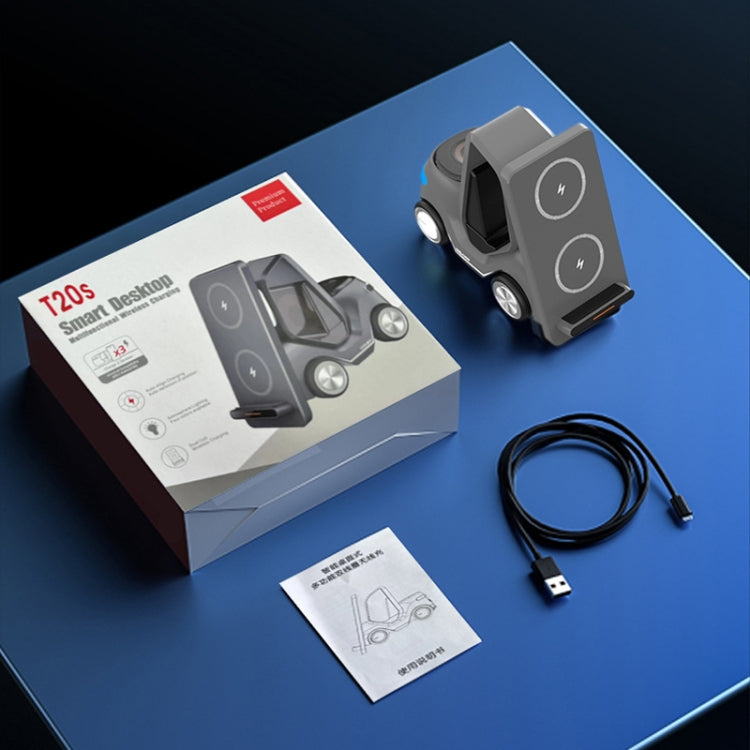 T20S 3-in-1 15W 小型フォークリフト型デスクトップワイヤレス充電器 LED大気ライト付き