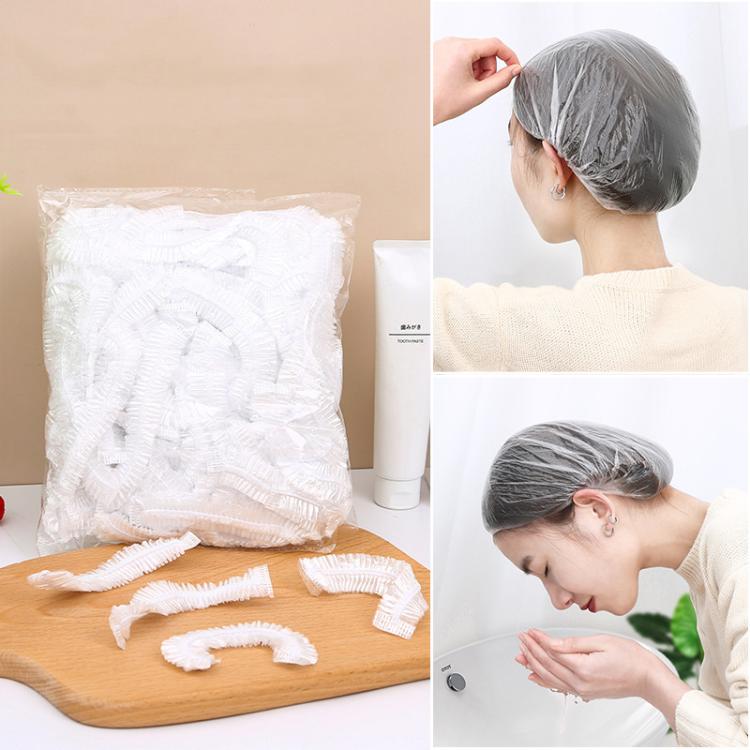 150個入り/パック 使い捨てシャワーキャップ 防水クリアヘアキャップ 23.5cm、PE製
