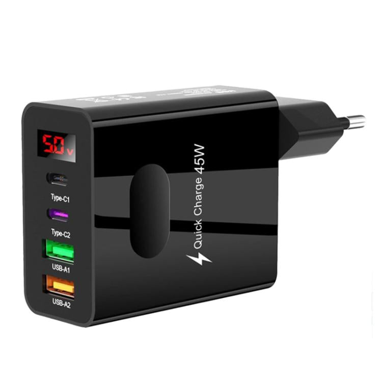 2 USB+2 Type-C デジタル表示 携帯電話用マルチポート充電器、EUプラグ ブラック、USプラグ ブラック、UKプラグ ブラック、EUプラグ ホワイト、USプラグ ホワイト、UKプラグ ホワイト