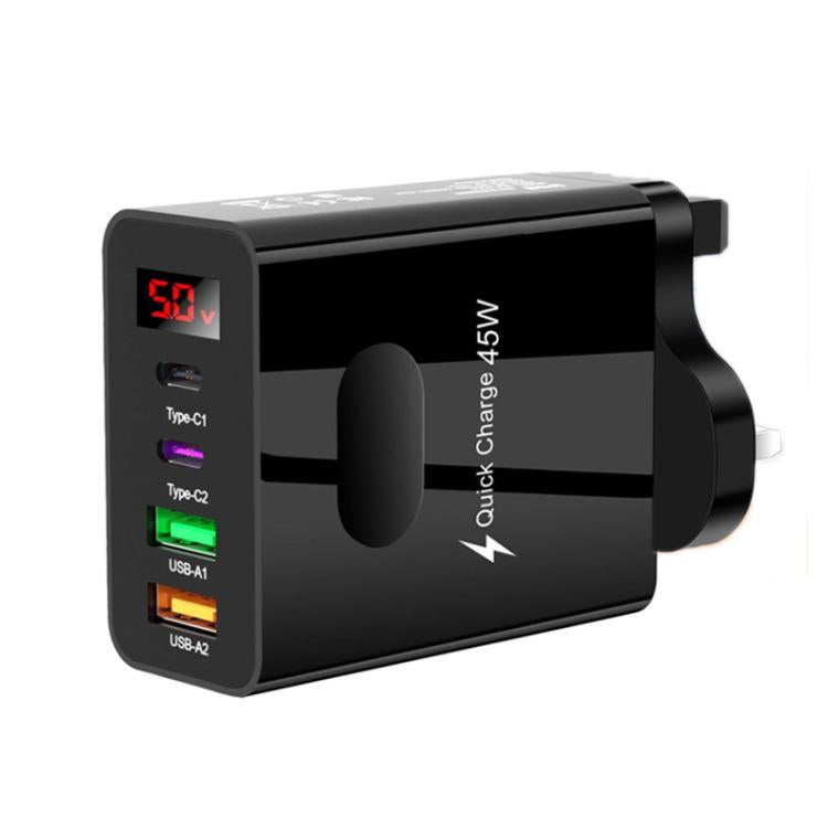 2 USB+2 Type-C デジタル表示 携帯電話用マルチポート充電器、EUプラグ ブラック、USプラグ ブラック、UKプラグ ブラック、EUプラグ ホワイト、USプラグ ホワイト、UKプラグ ホワイト