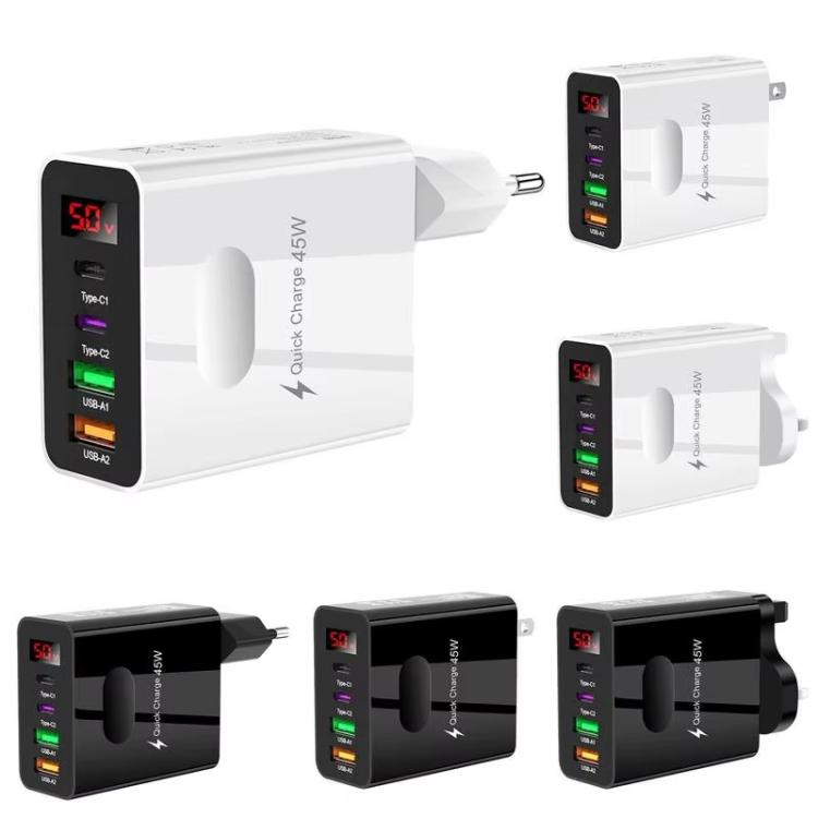 2 USB+2 Type-C デジタル表示 携帯電話用マルチポート充電器、EUプラグ ブラック、USプラグ ブラック、UKプラグ ブラック、EUプラグ ホワイト、USプラグ ホワイト、UKプラグ ホワイト