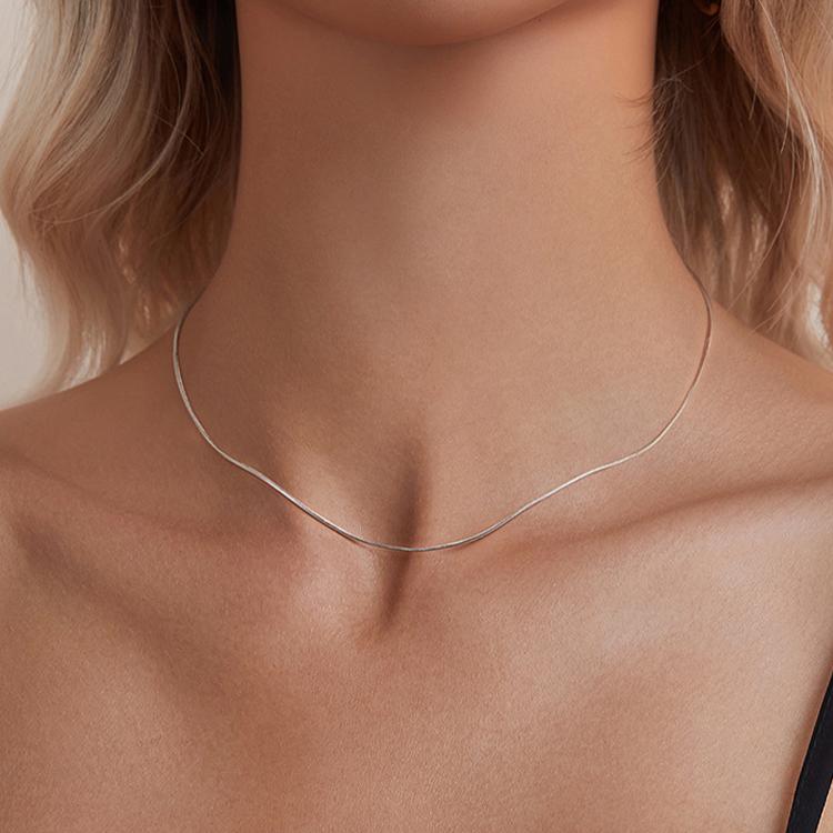 S925スターリングシルバープラチナメッキスネークボーンベーシックネックレス、S 厚さ0.08cm