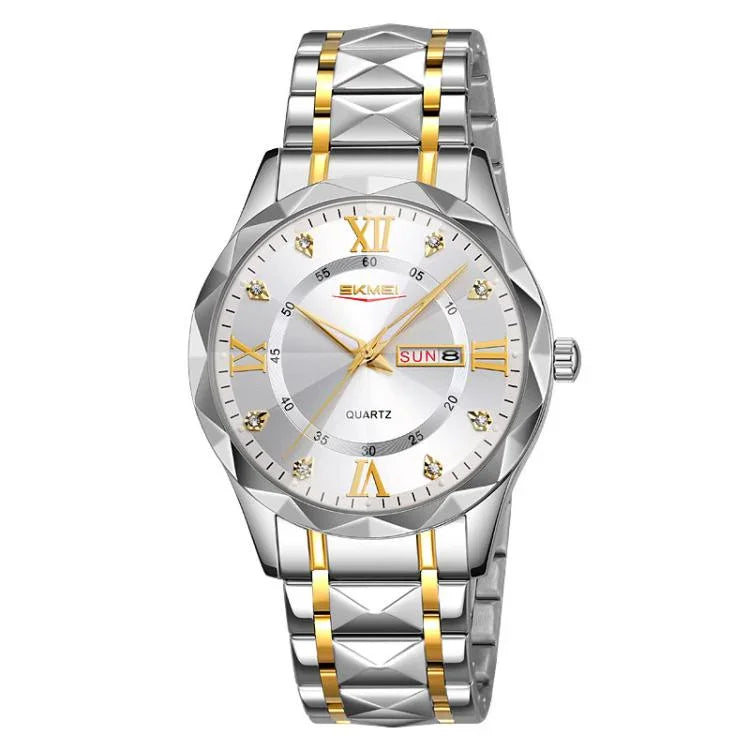 SKMEI Business Casual Watches Diamond Case Luminous Waterproof Quartz Watch, Men Silver Gold Strap Silver Dial, Men Silver Gold Strap Green Dial, Men Silver Gold Strap Black Dial, Men Silver Case Silver Dial, Men Silver Case Gray Dial