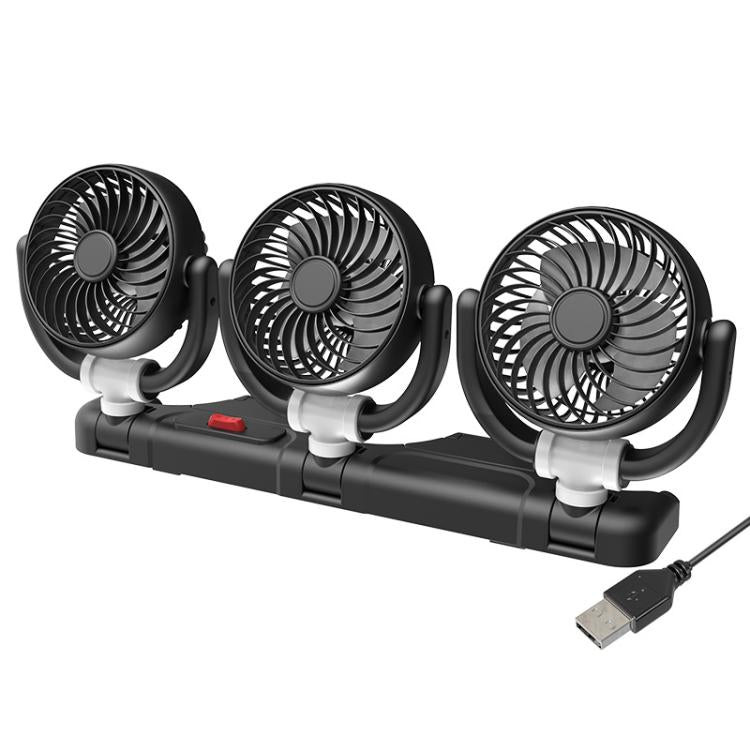 F4505 Car Triple-Head Rotatable Fan Auto 3-Way Folding Fan, USB Port 5V, Cigarette Lighter Port 12V, Cigarette Lighter Port 24V