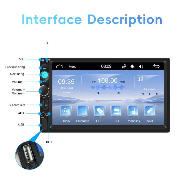 7インチ 有線CarPlay デュアルUSB MP5プレーヤー Bluetooth 大画面 カーセンターコントロール, 標準, 標準+12灯カメラ