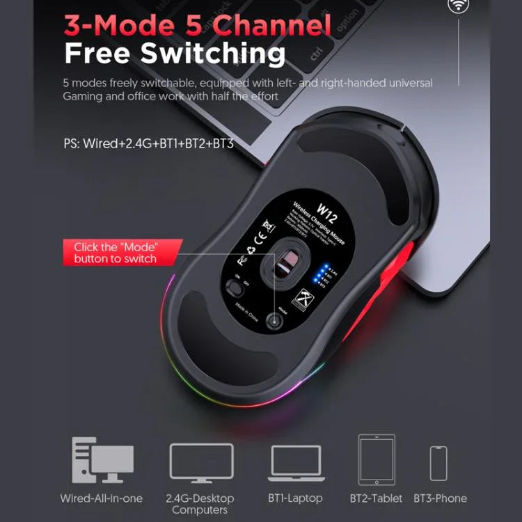 MKESPN W12 Tri-Mode 5-Channel Gaming Mouse 10-Key 10000 DPI Ambidextrous Design RGB Macro Mouse, W12 Blue, W12 Red