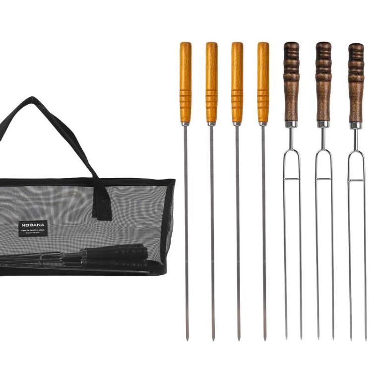 NOBANA アウトドアBBQグリルフォーク ポータブルステンレス製木製ハンドル付きグリル串 収納バッグ付き、7本セット ホワイト、7本セット ブラック、10本セット ホワイト、10本セット ブラック