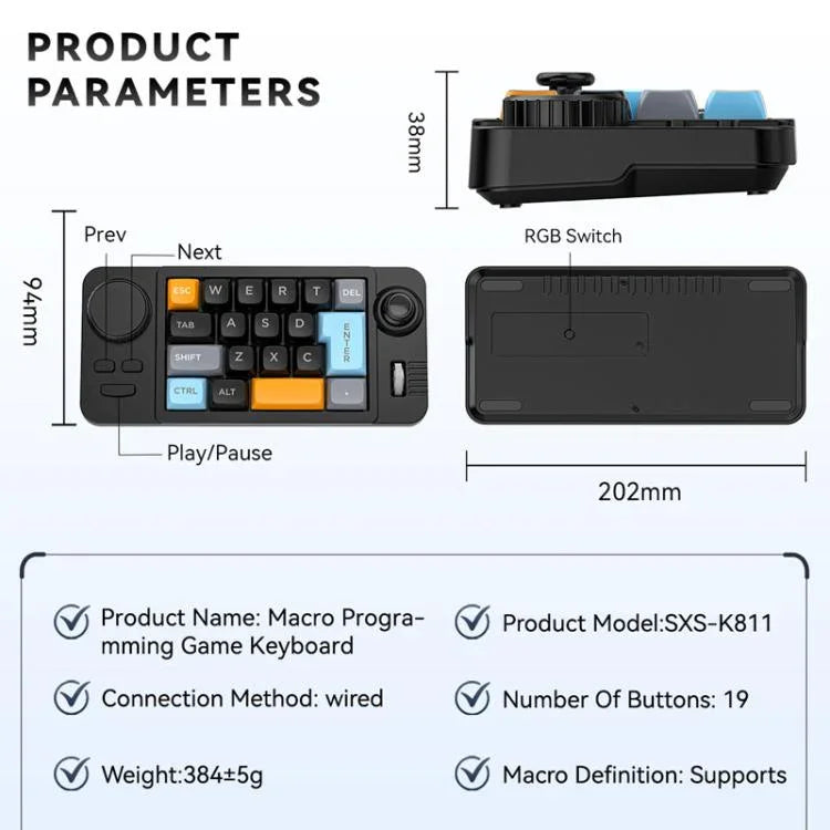 MKESPN 19キー USB-C 有線ゲーミングキーボード マクロプログラム可能 ホットスワップ対応 コントロールノブ＆ジョイスティックスクロールホイール付き、K811 ブラック