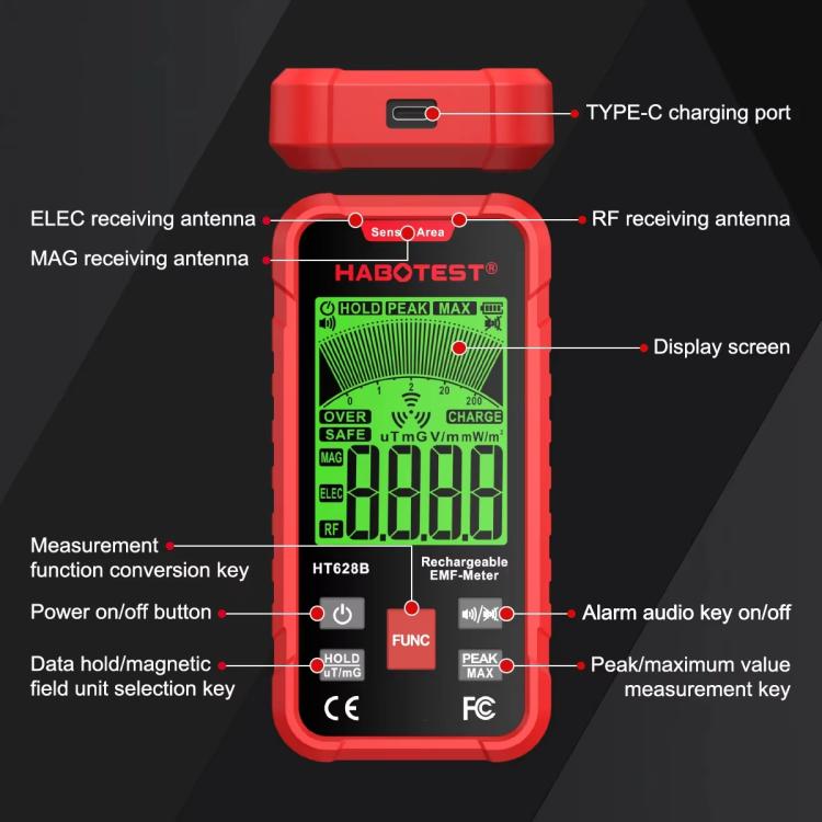 HABOTEST HT628B マルチフィールドEMFメーター 充電式電磁波測定器、HT628B